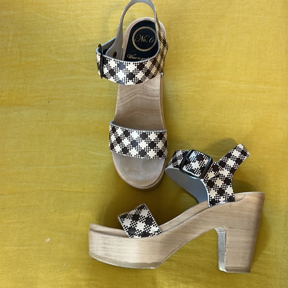 No. 6 Two Strap Clog on Platform in brown plaid - Picture 2 of 6